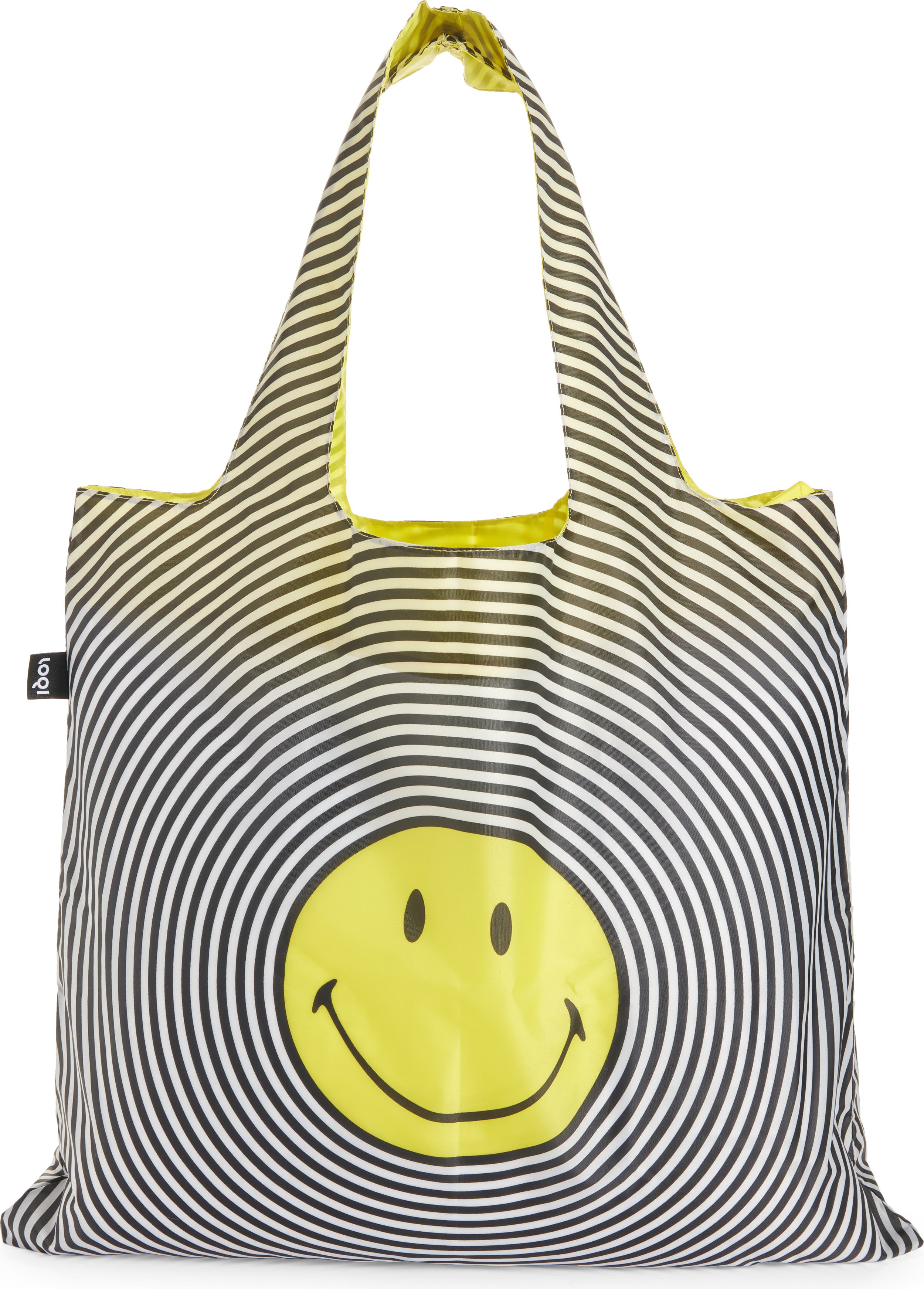 LOQI Grocery Shopping Tote Bag SMILEY FACE SPIRAL Emoji Yellow Black Reusable